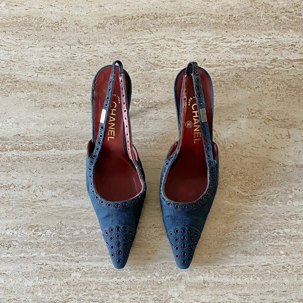 Vintage Chanel Denim Grommet Slingback Heels